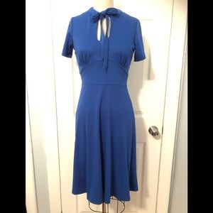 Vintage inspired electric blue bow neck dress